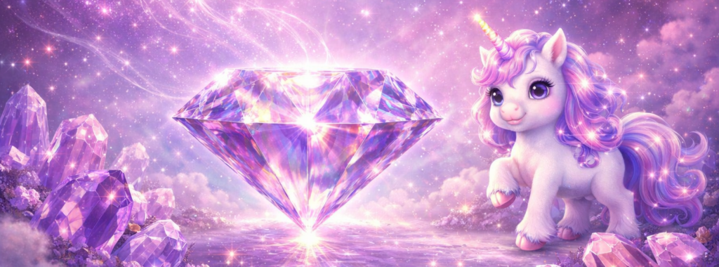Fantasie Bild mit funkelenden Diamanten und einem Einhorn